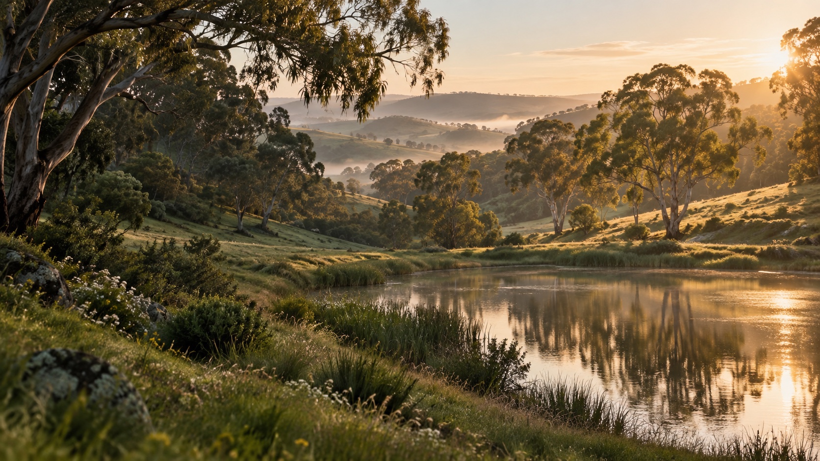 AI-generated vision of eucalyptus hills and a still pond in warm morning light.