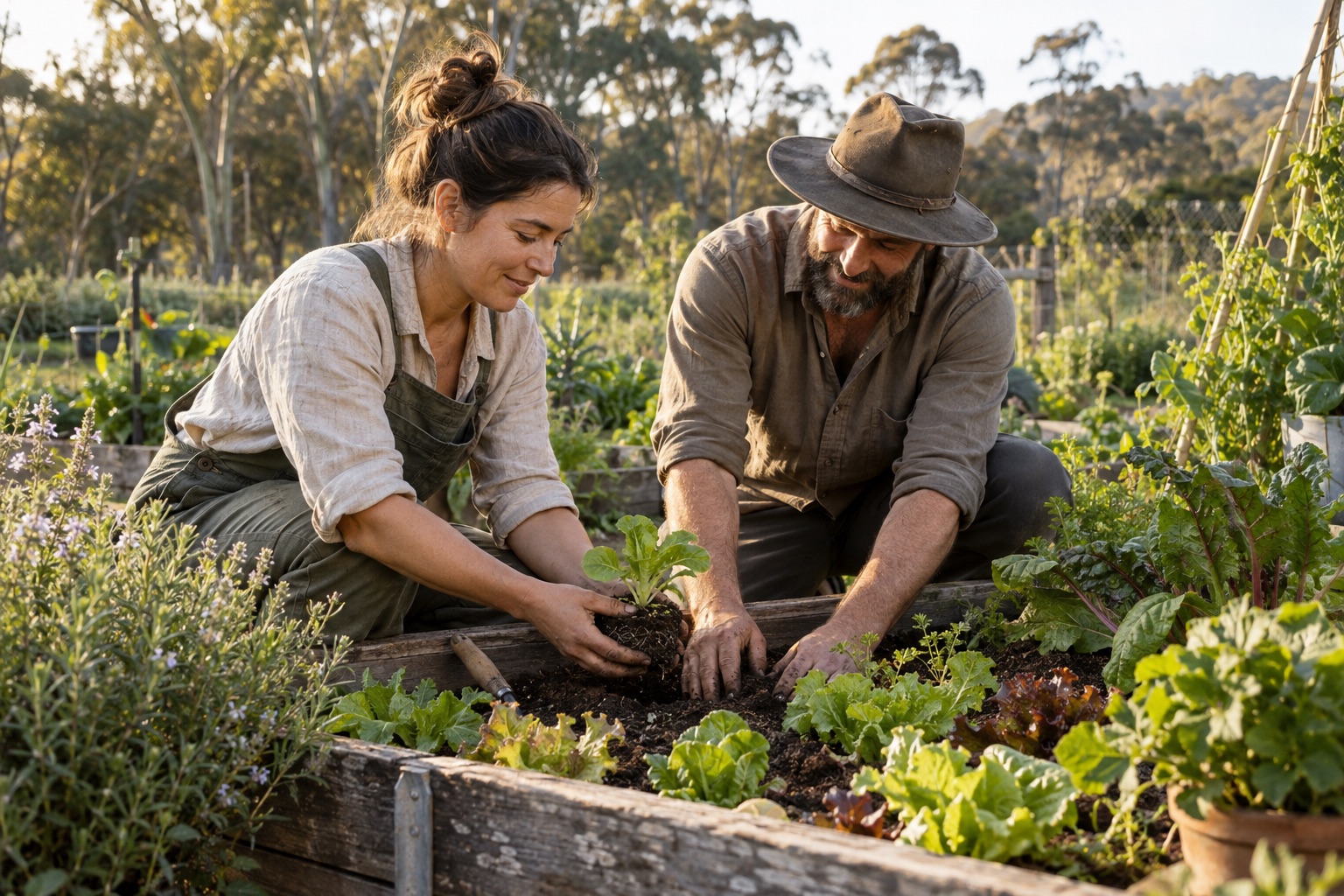 AI-generated illustration of two people planting seedlings together in a flourishing food garden.